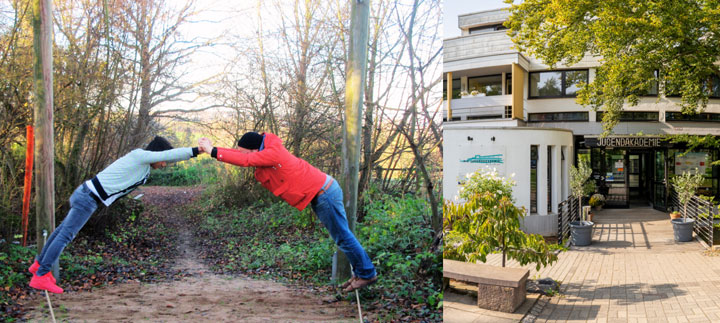 Foto1: 2 Jugendliche stützten sich gegenseitig im Niedrigseilgarten / Foto2: Haupteingang zur Jugendakademie